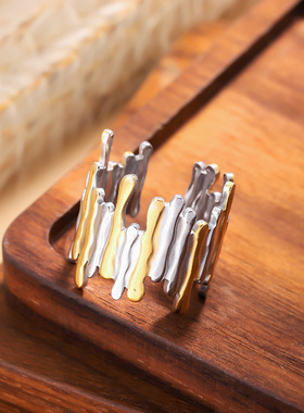 欧美风跨境新款拼色树皮戒指女不锈钢潮流时尚感手饰饰品配饰