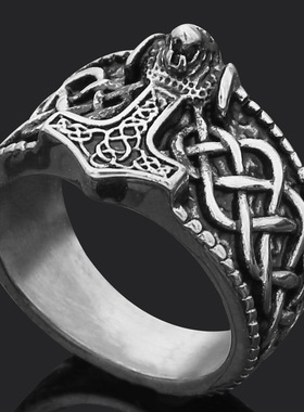 亚马逊爆款跨境维京雷神之锤狼头戒指 男士复古符文钛钢指环