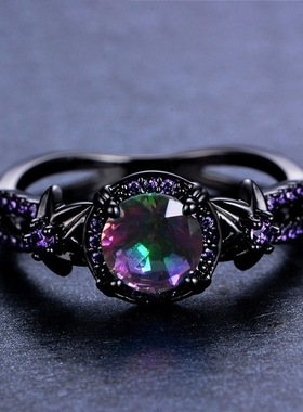 海饶2023欧美跨境时尚配饰枪黑紫色锆石镂空设计女士戒指几何造型