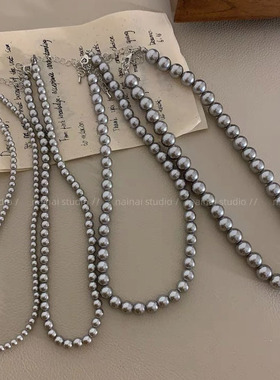 时尚简约灰色珍珠项链~复古轻奢毛衣链2023年秋冬颈链配几何型