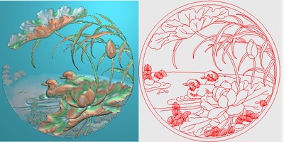 精雕图圆形荷花鸳鸯靠背精品莲花鸟浮雕图檀雕鸳鸯圆挂屏灰度图