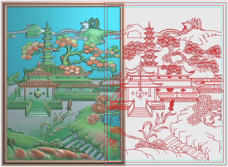 亭子门板风景精雕图浮雕刻图灰度图松树沙发中板 精品山水背板00