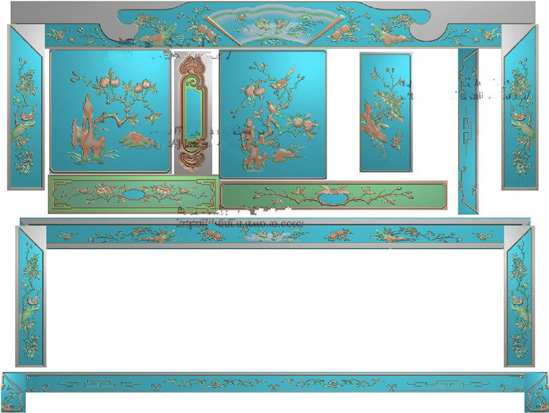 富典大床精雕图浮雕图檀雕花鸟高低床精品新仙桃大床雕刻图桃子鸟
