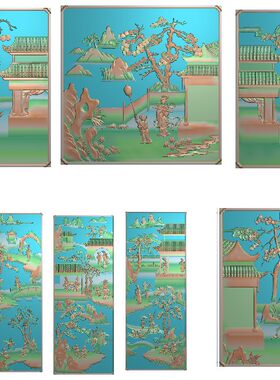风景书柜精雕图浮雕雕刻图灰度图大衣柜山水人物顶箱柜  十二金叉