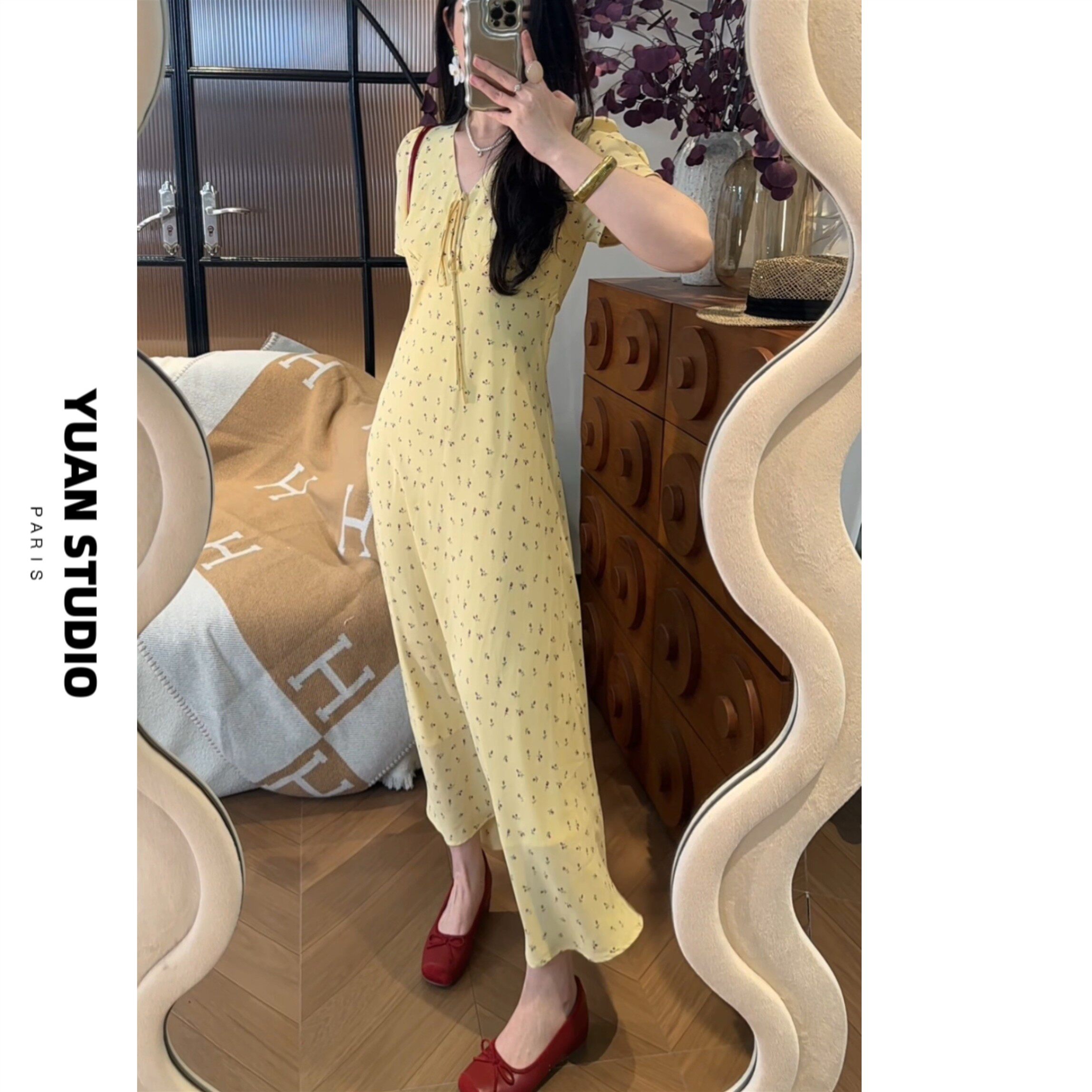 YUAN 【蜜语轻喃】法式复古彩色花卉显瘦遮肉斜裁短袖优雅连衣裙