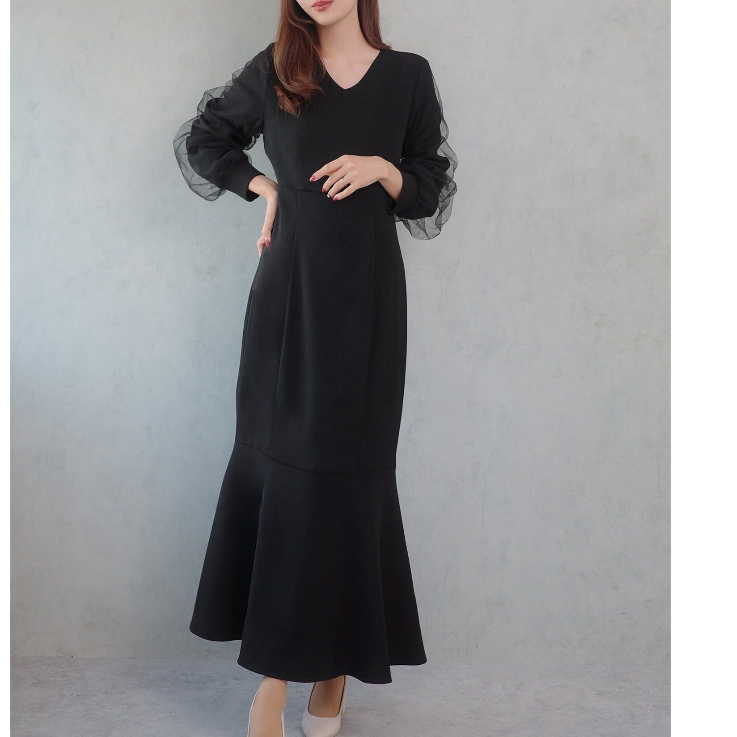 跨境日系秋冬季高贵拼接鱼尾连衣裙女大版外贸款气质时尚V领长裙,女装/女士精品,连衣裙,淘宝优惠券,粉丝福利购,淘宝优惠卷