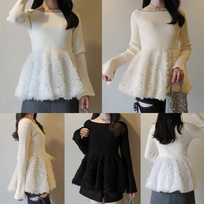 欧美春秋新款长袖女针织毛衣拼接花朵重工上衣 女荷叶边大摆上衣