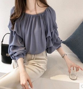 气质一字领女露肩雪纺衫 韩版 女宽松泡泡上衣显瘦纯色 新款 2020春季