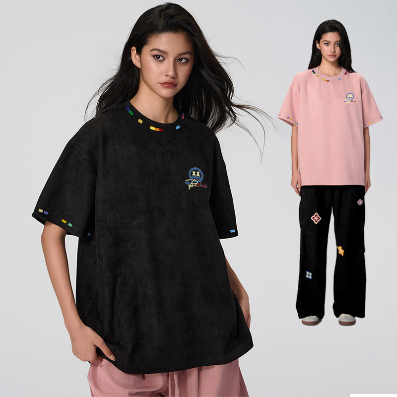 MBD小恶魔笑脸仿麂皮短袖T恤夏季新款宽松休闲上衣半袖潮流男女款