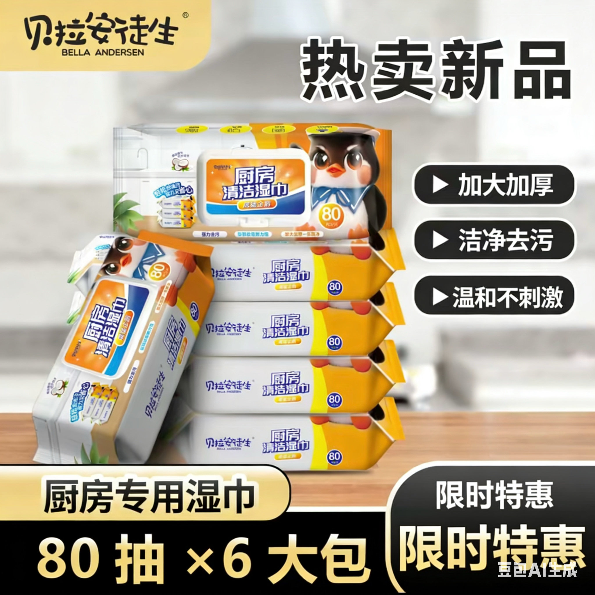 威猛企鹅巨无霸厨房清洁油污湿巾贝拉安徒生去污去油家用加大加厚