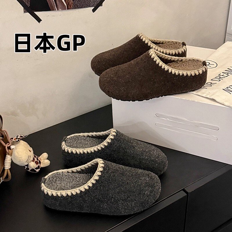 日本GP内增高针织边勃肯棉鞋女外穿2025新款加绒厚底包头毛毛拖鞋
