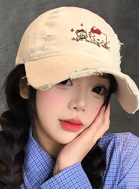 日本GP猫咪刺绣破洞棒球帽女百搭显脸小鸭舌帽软顶宽檐大头围帽子