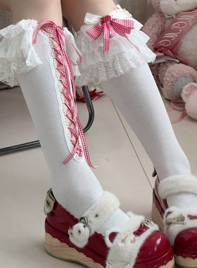 丸子袜语 千禧年y2k叠穿AB款小腿袜洛丽塔多层蕾丝红色绑带棉袜女