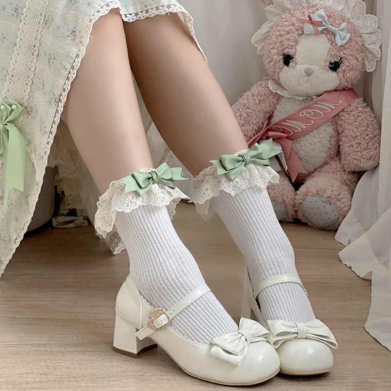 古董茶会多色蝴蝶结袜子Lolita杏色蕾丝花边复古cla少女中筒棉袜