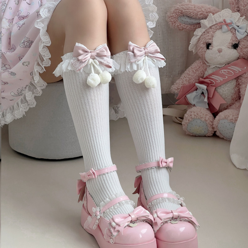 原创竖条小腿袜女可爱手工蝴蝶结球球棉质洛丽塔公主蕾丝花边棉袜