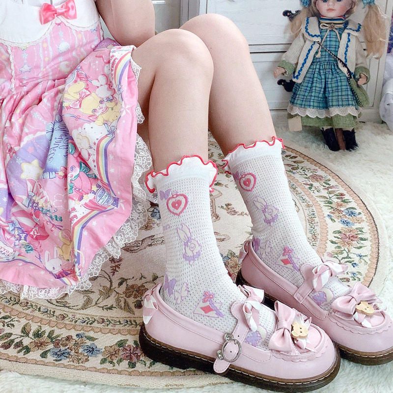 袜子夏天少女薄款透气日系网格洛丽塔兔子萝莉仙女棉凉鞋袜子棉
