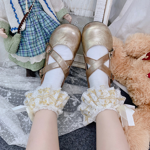 Lolita袜子金色蕾丝短袜宫廷风法式 复古甜美洛丽塔梅露露少女棉袜