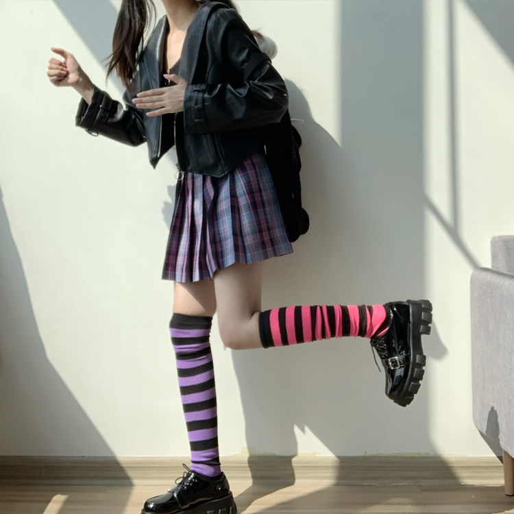 日系高筒大腿袜紫粉黑白cos条纹彩色动漫软妹学生jk制服电竞少女-封面