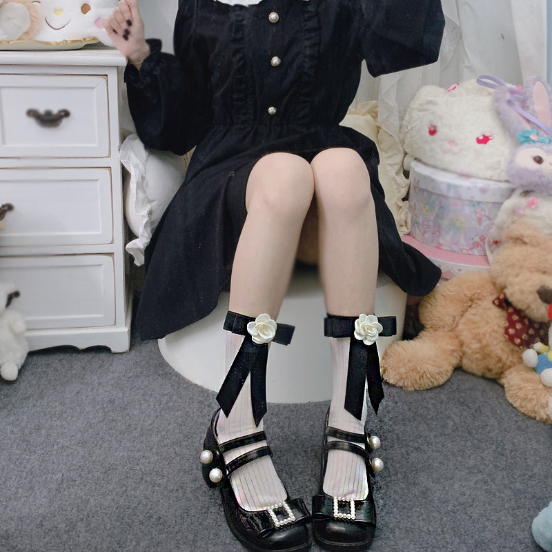 春夏薄款小众立体山茶花中筒袜一字蝴蝶结马卡龙堆堆袜网红时尚款