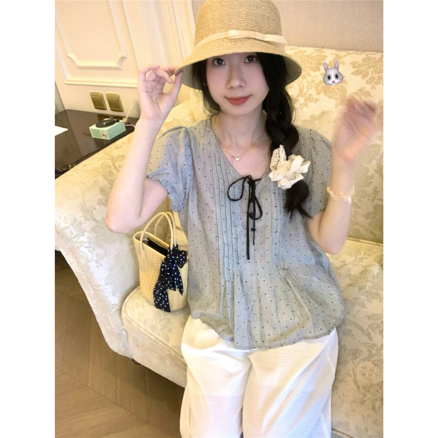踏进银河甜美条纹波点复古衬衫