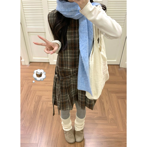 复古秋冬格纹呢子背心裙花苞裙子