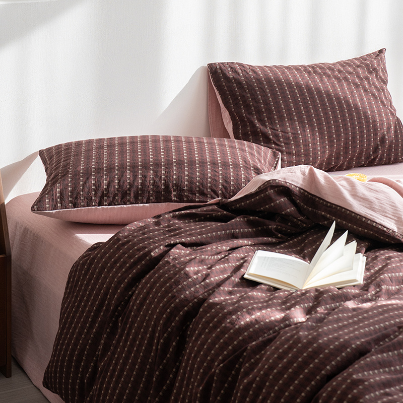 全棉色织小提花被套四件套 纯棉100人字纹床单春秋床上用品三件套