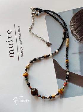 虎眼石彩色天然石串珠项链气质轻奢复古小众设计高级感秋冬百搭