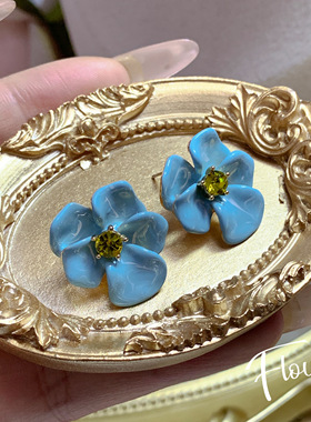 超仙法式鸢尾花小众设计黄色锆石蓝色花瓣耳环气质高级感个性耳饰