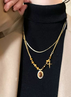 虎眼石吊坠双层项链复古小众轻奢百搭高级感秋冬毛衣锁骨链