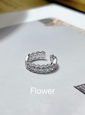 菱格镂空蕾丝锆石开口戒指气质轻奢设计法式宫廷风食指叠戴指环