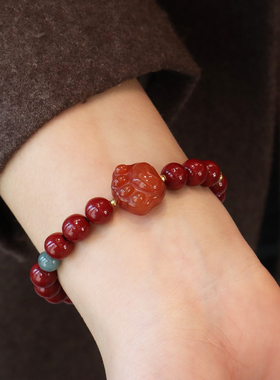 朱砂盐源猫爪玛瑙手串气质复古小众新中式国风本命年红色新年手链