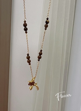 虎眼石串珠气球小狗吊坠钛钢项链复古小众轻奢高级感百搭毛衣链