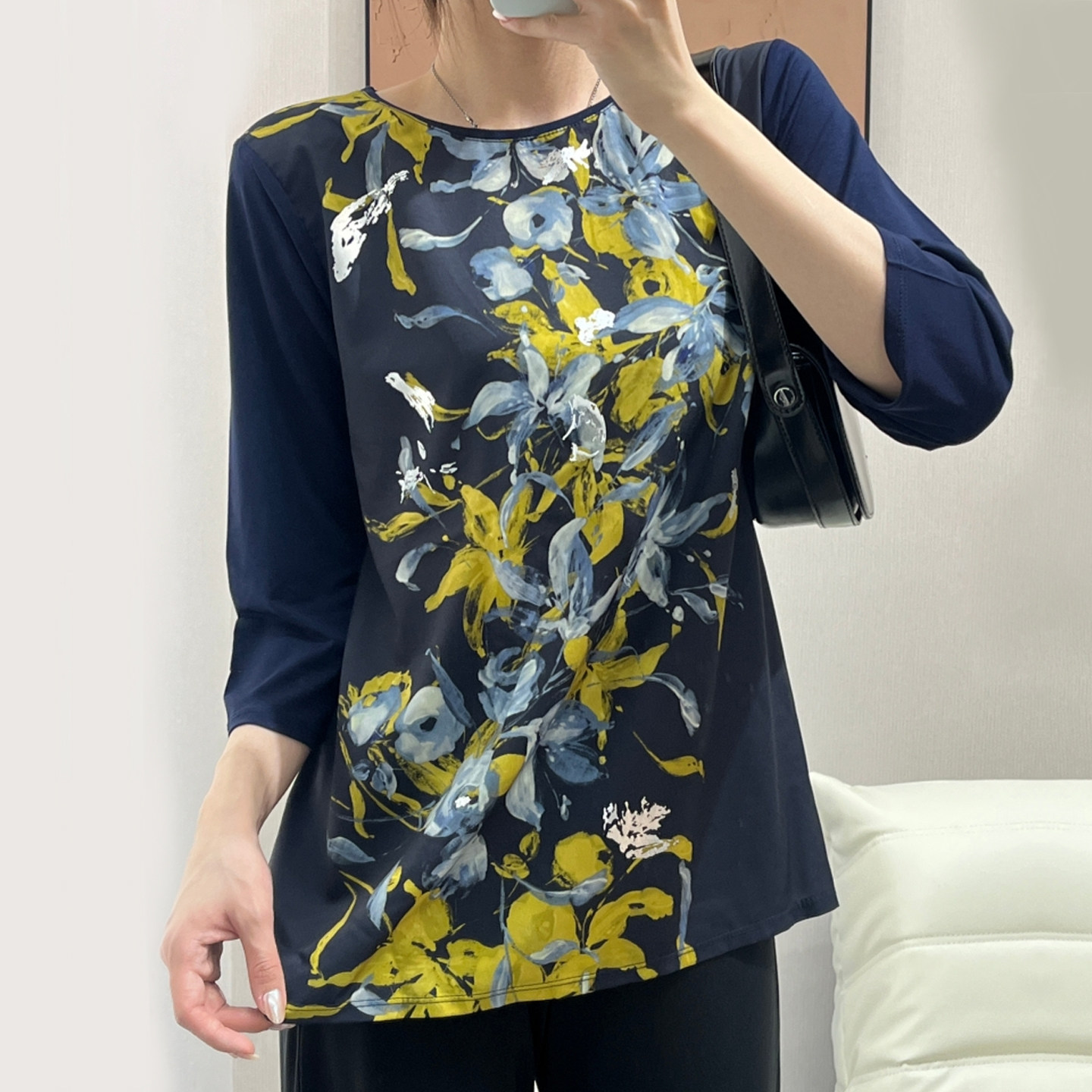 原单外贸女装春夏【95%粘纤面料】中袖上衣女七分袖高端小个子t恤