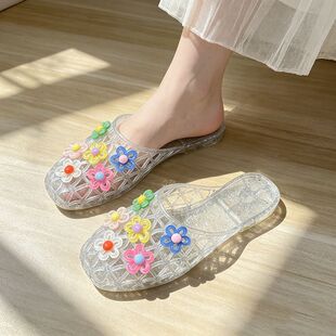拖鞋女甜美透明花朵穆勒鞋女平底圆头水晶鞋果冻百搭ins网红凉鞋