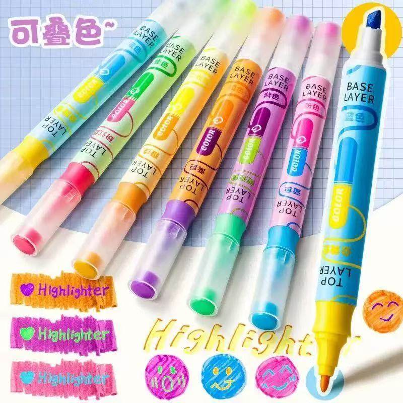 荧光笔叠色双头划重点荧光标记笔学生用初中生用马卡龙系记号