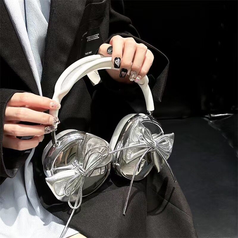 适用苹果AirPods Max保护套头戴式蓝牙耳罩软壳ins风少女心网红超火电镀皮革蝴蝶结保护壳airpodsmax2高颜值图片