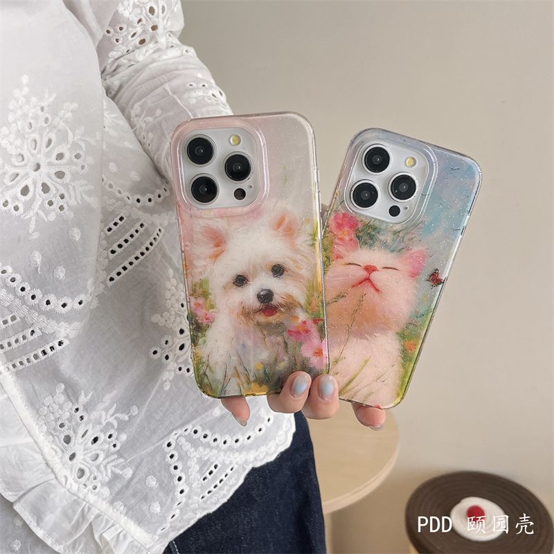 双层春日治愈花丛猫咪小狗适用15promax手机壳iPhone16苹果14/13