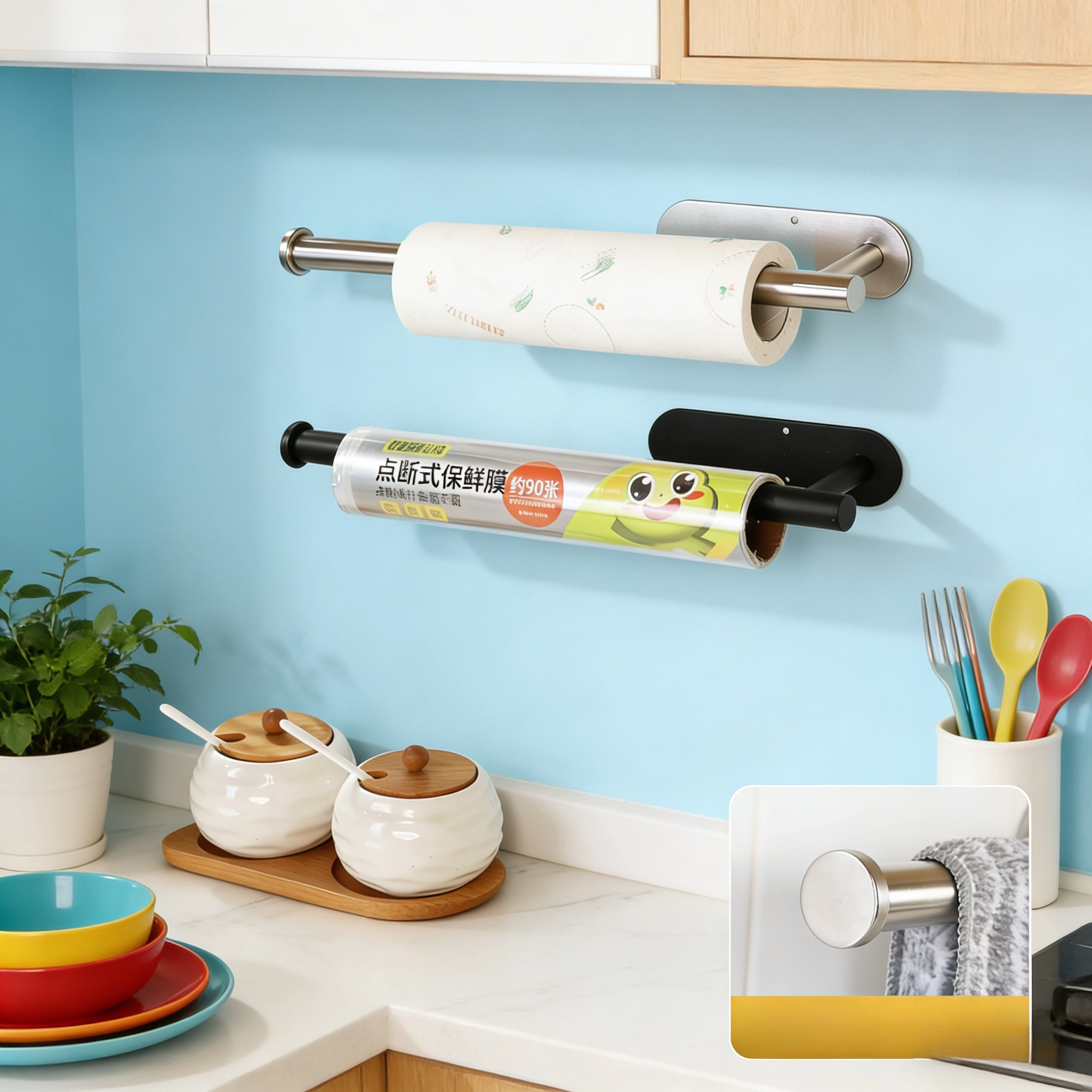 居家家厨房纸巾架纸挂架免打孔橱柜保鲜膜收纳挂抹布架挂杆卷纸架