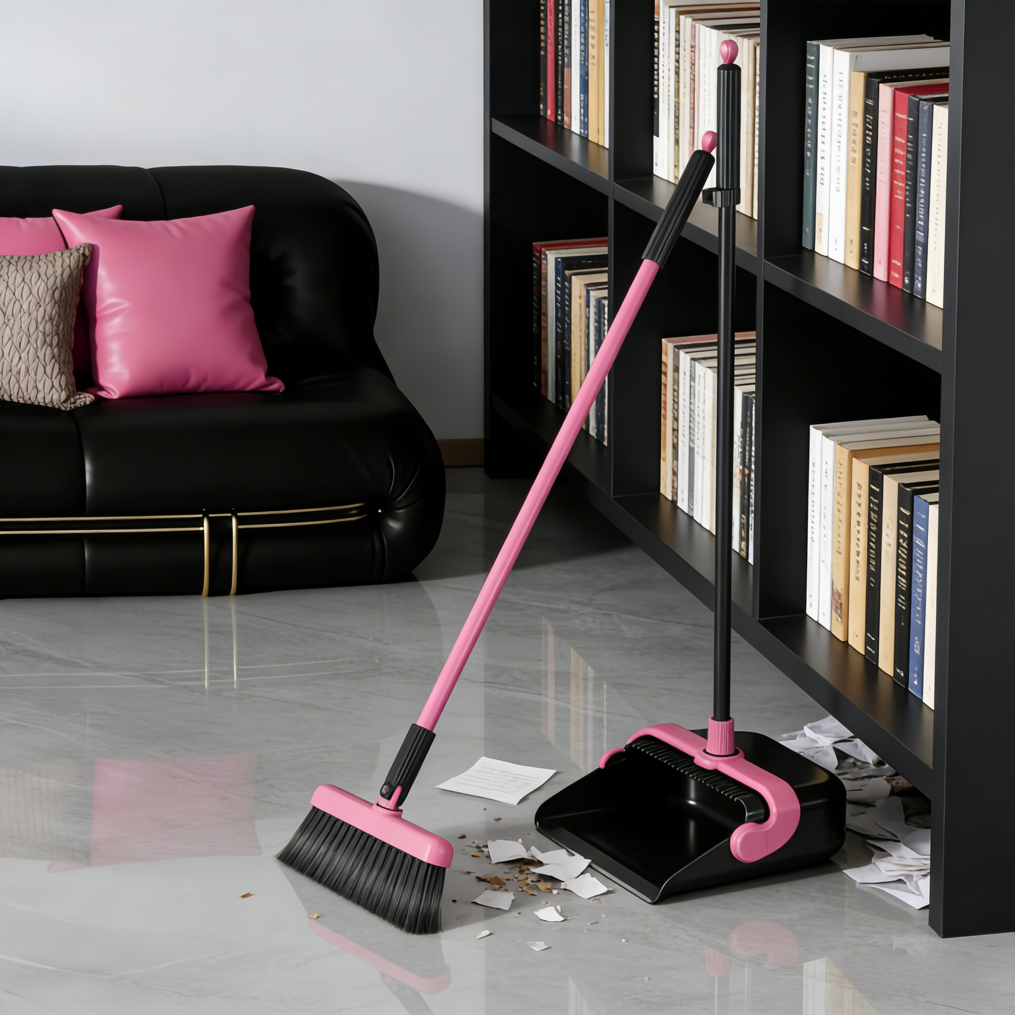 芭比粉扫把簸箕家用套装新款扫地笤帚组合垃圾铲懒人神器折叠刮水