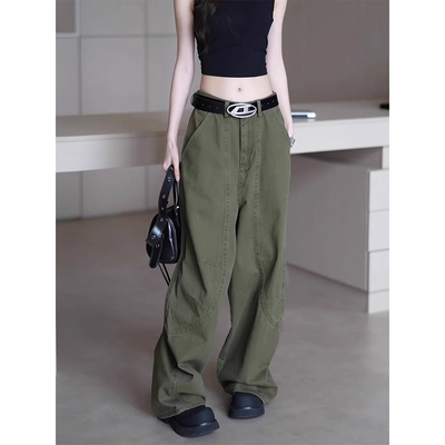 军绿色弯刀工装阔腿牛仔裤女秋季