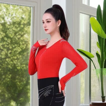 时尚网纱长袖V领拉丁舞服装