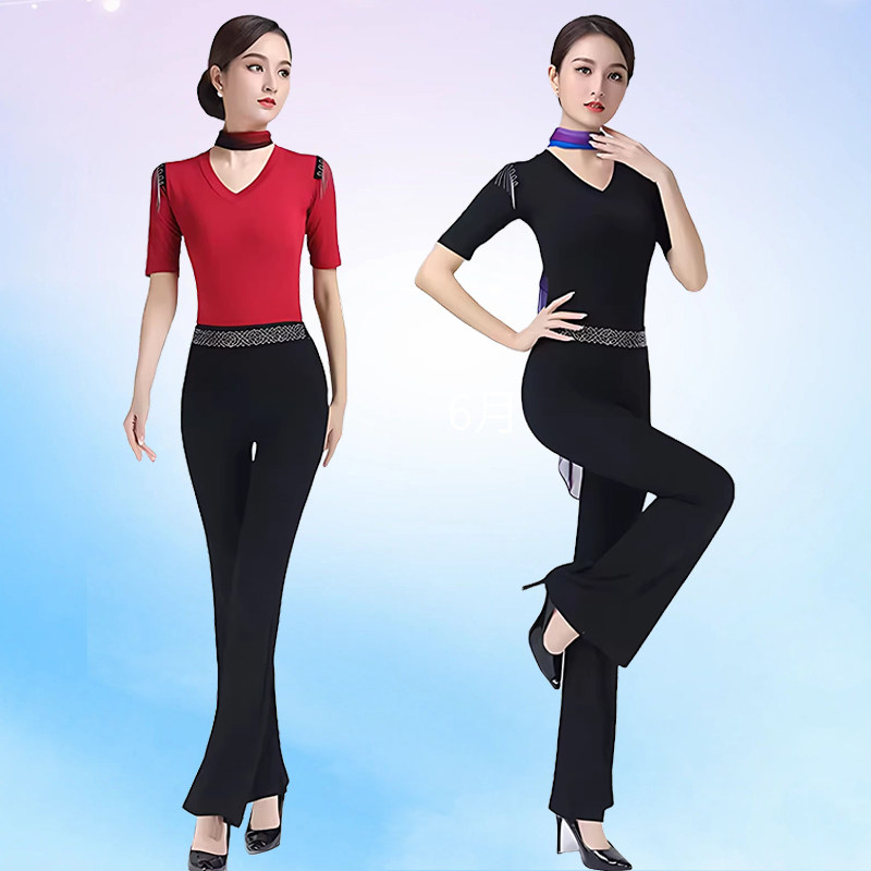 新款形体舞蹈服女套装高端艺考练功服现代舞服装V领中长袖上衣服