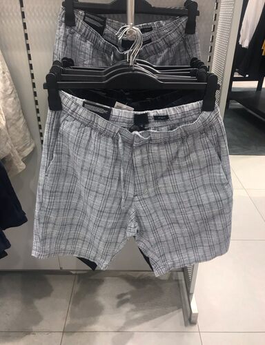 夏季新款男士直筒修身夏季亚麻棉麻格子深蓝色休闲短裤大码