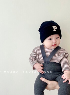 日本婴儿帽子秋冬男女宝宝保暖套头帽韩系字母P双层毛线帽潮0-2岁