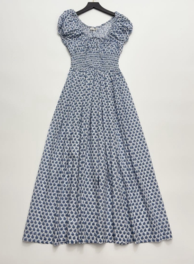 法式田园方领蓝色碎花泡泡袖长款收腰 连衣裙