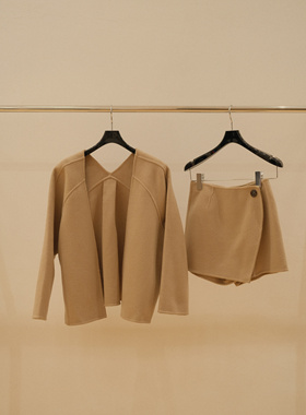 双面手缝羊绒羊毛休闲宽松版短外套女 V字领上衣＋裙裤