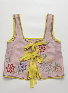 浪漫花卉法式复古风亚麻印花吊带背心马甲