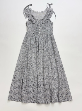 法式浆果印花一字肩有机棉无袖花边长款连衣裙