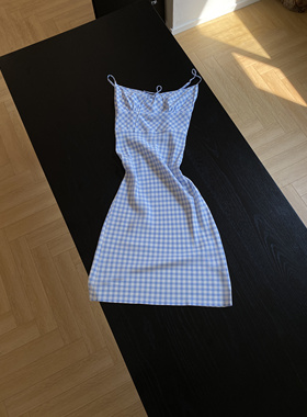 易梦玲同款 美式甜辣吊带裙 真丝修身小清新纯欲糖果色格子连衣裙