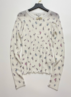 2025早春新款小碎花蝴蝶结花边圆领打底衫长袖女